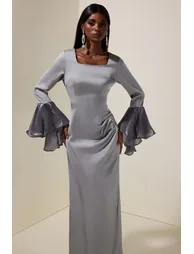 Satin Rhinestone Ruffle Maxi Dress - 3