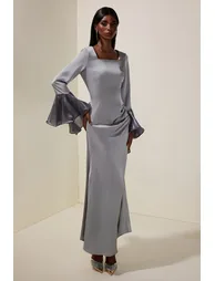 Satin Rhinestone Ruffle Maxi Dress - 5