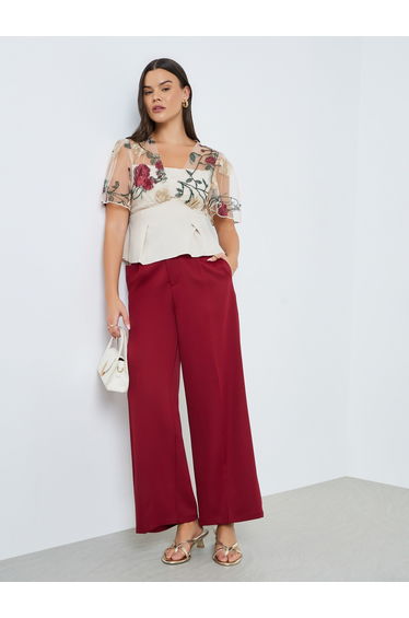 Women Flower Embroidery Mesh Overlay Top
