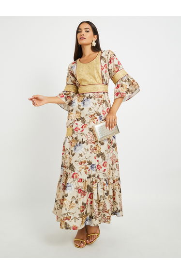 Floral Print 3/4 Sleeves Jalabiya with Embroidered Detail