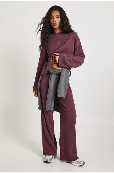 Textured Drawstring Waist Wide Leg Trouser - plum