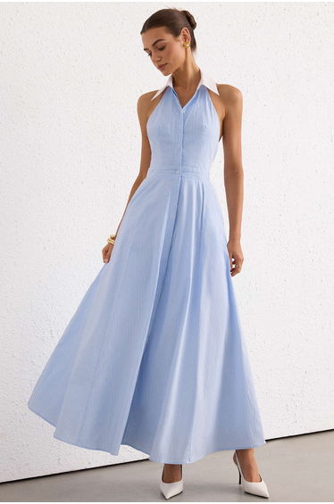 Stripes Print Lapel Halter Neck Backless Sleeveless Maxi Dress