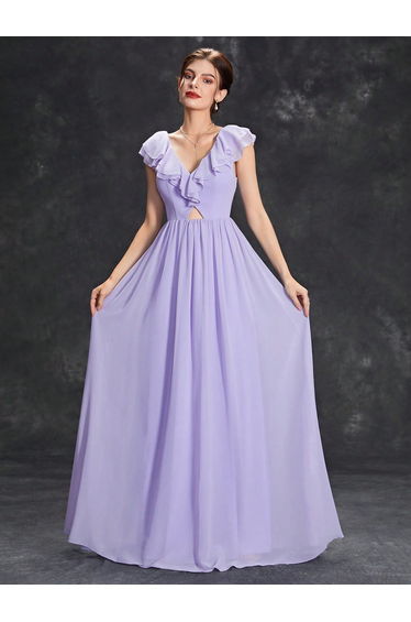 Leely Lavender V-Neck A-Line Chiffon Bridesmaid Dress with Ruffle Sleeves