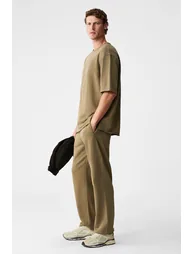 GRIMELANGE EASY Men's Cotton Crew Neck Elastic Waist Drawstring Double Pocket Regular Fit Khaki Tracksuit Set - 6