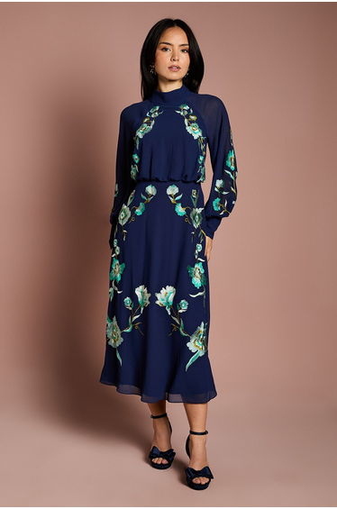Petite High Neck Long Sleeve Floral Embroidered Midi Dress