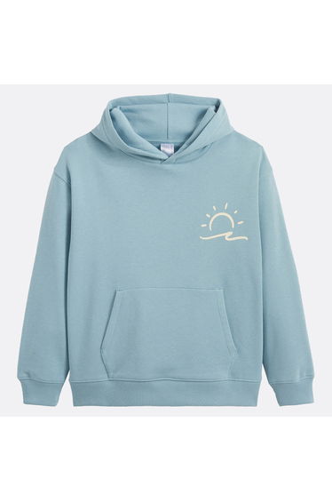 Oversize Fleece Hoodie with Printed Sun On Front and Printed Slogan On Back