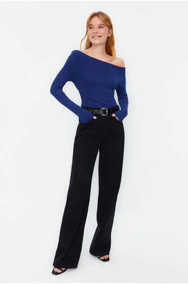 Light Navy Blue Premium Soft Fabric Fitted Boat Neck Knitted top