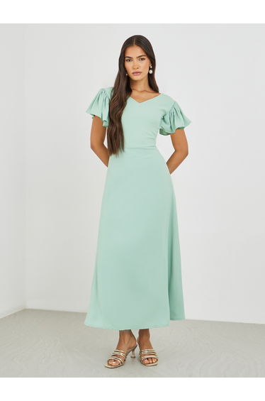 Solid Flutter Sleeves A-Line Maxi Dress