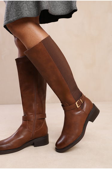 MICAH KNEE HIGH BOOTS WITH BUCKLE DETAIL IN BROWN FAUX LEATHER
