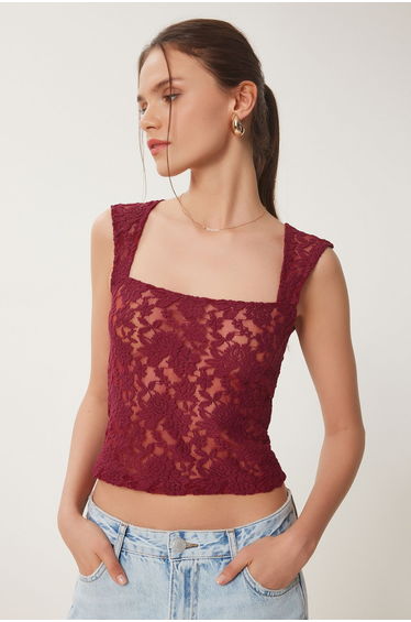 Women's Burgundy Lace Stretchy Crop Blouse