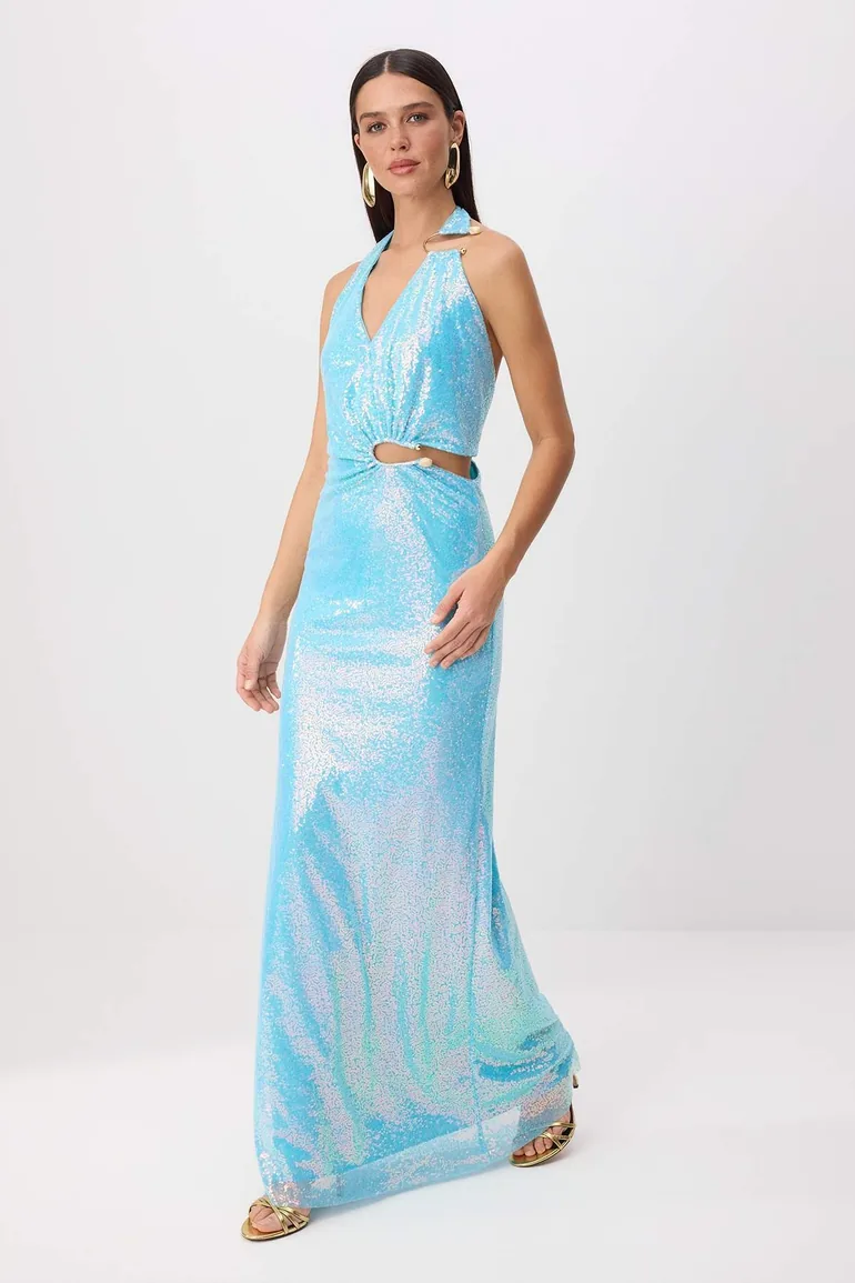 Light Blue Straight Woven Sequin Maxi