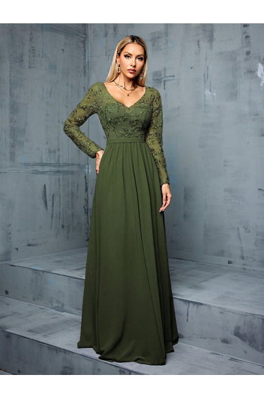 Leely Women's Elegant V Neck Long Sleeve A-Line Dress