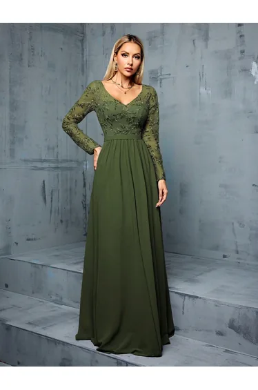 Leely Women's Elegant V Neck Long Sleeve A-Line Dress