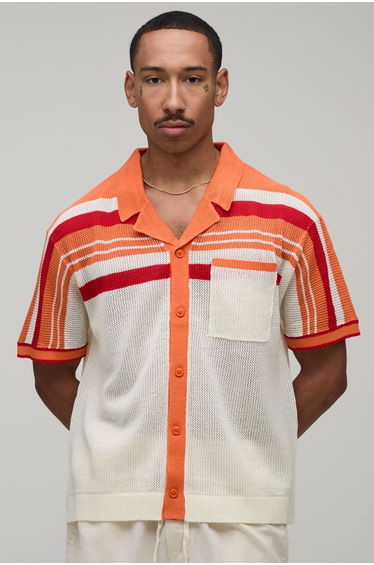 Relaxed Boxy Open Stitch Striped Knitted Shirt - orange