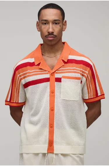 Relaxed Boxy Open Stitch Striped Knitted Shirt - orange