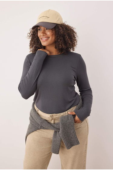 Anthracite Premium Viscose Crew Neck Crop Flexible Knitted Basic Plus Size Blouse