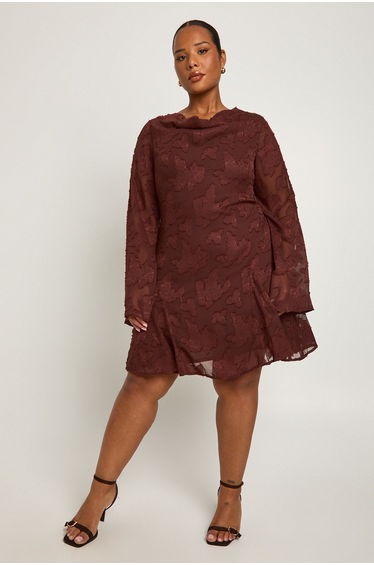 Plus Burnout Cowl Neck Front Ruffle Skater Dress - chocolate