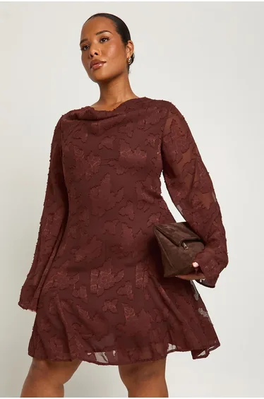 Plus Burnout Cowl Neck Front Ruffle Skater Dress - chocolate