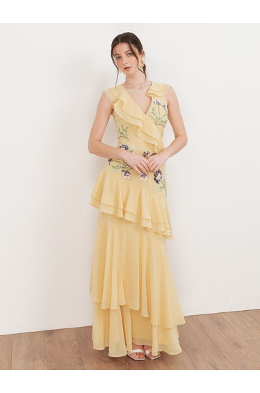 Maya Buttercream Embellished Asymmetric Ruffle Maxi Dress