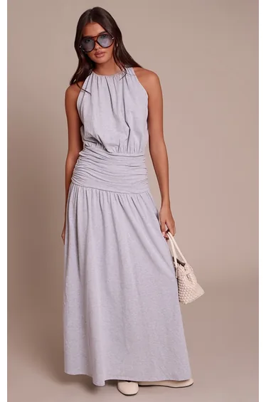 Charcoal Jersey Halterneck Ruched Detail Maxi Dress