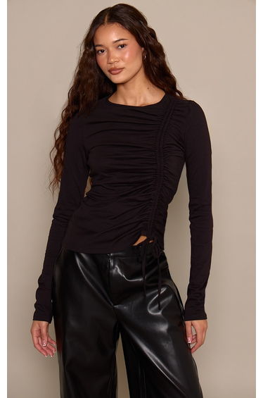 Black Cotton Ruching Detail Long Sleeve T-Shirt