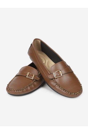 Brown Buckle Detail Round Toe Loafers