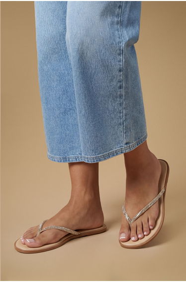Glimmer Faux Leather Embellished Flat Toe Post Sandals