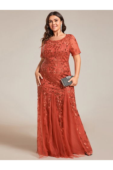 ever JADEN|Floral Sequin Maxi Fishtail Tulle Formal Evening Dress with Short Sleeve