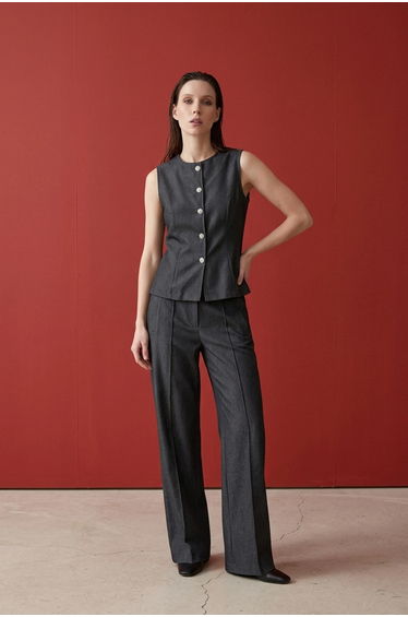 MY FASHION Cotton Poplin Vest and Wide-Leg Trouser Set