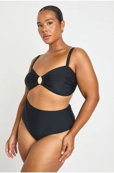 Plus Trim Detail Bikini Top & High Waist Brief Set - black