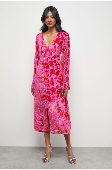 Devore Plunge Neck Waisted Midi Dress