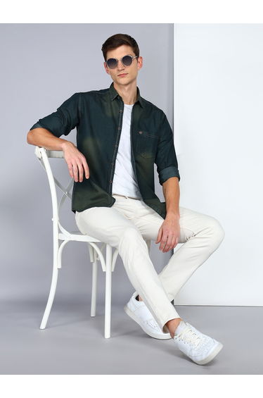 Men Dark Green Casual Denim Shirt