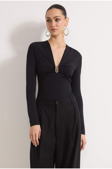 Black Deep V-Neck Knitted Bodysuit with Accessory and Drape Detail