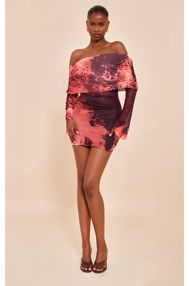 Pink Leopard Print Lined Mesh Long Sleeve Mini Dress