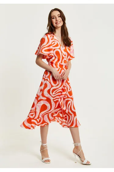 Women's Midi Wrap Dress in Pink and Red Abstract Print with Short Sleeves.