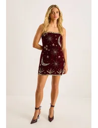 Velvet Celestial Beaded Square Neck Mini Dress
