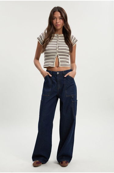 High Waist Loose Fit Carpenter Wide Leg Jean - rinse