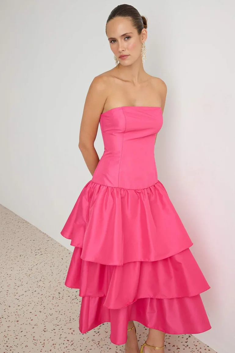 Fuchsia Taffeta Layered Prom Graduation Dress - 6