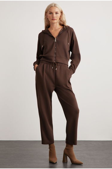 Gıada Women's Elastic Waist Short Comfortable Leg Relaxed 3 Yarn Organic Cotton Brown Sweatpants