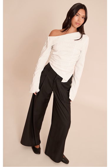 Monochrome Pinstripe Bardot Asymmetric Hem Long Sleeve Shirt