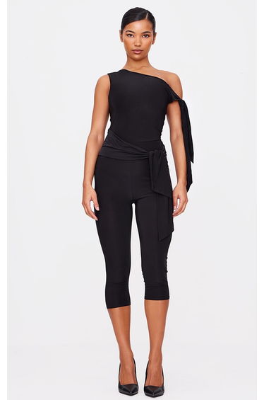 Black Double Layer Slinky Tie Detail Capri Jumpsuit