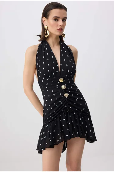 Black Polka Dot Chiffon Lined Mini Stylish Dress