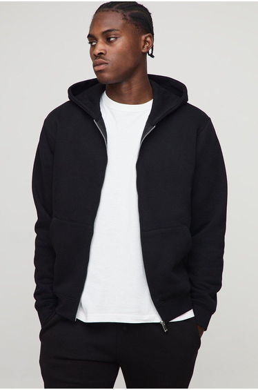 Basic Regular Zip Through Hoodie - black
