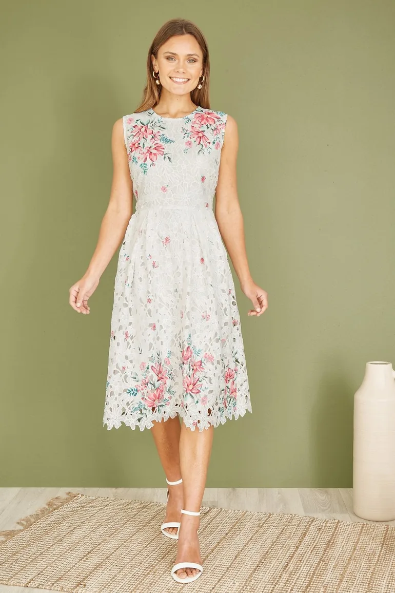 Shop Yumi White And Pink Floral Border Lace Dress Online in Oman