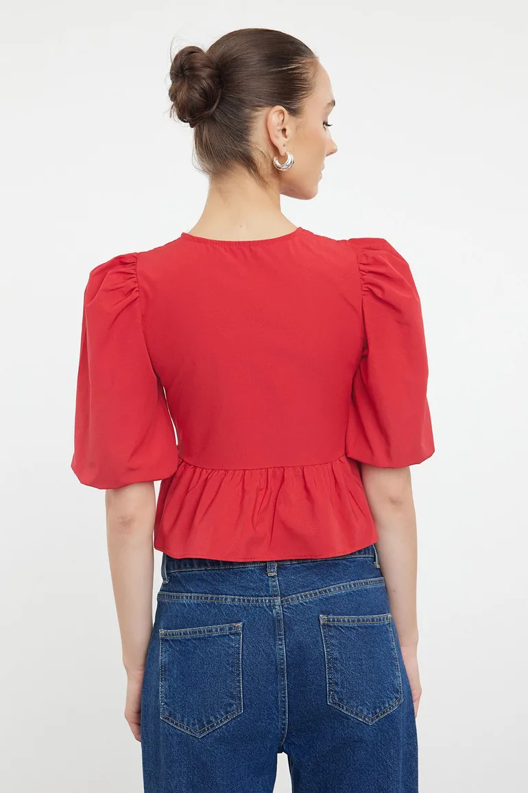 Red Balloon Sleeve Woven Blouse with Tie Detail - 4