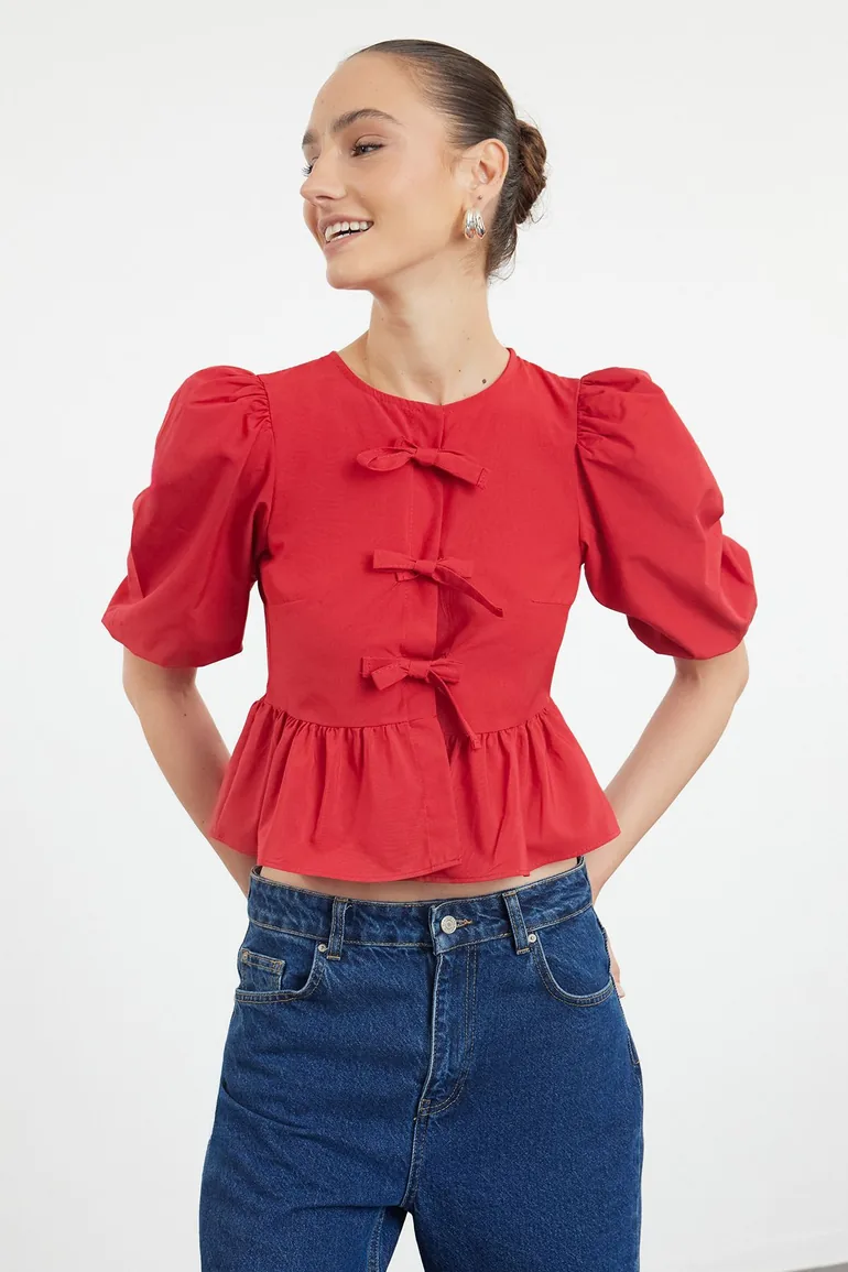 Red Balloon Sleeve Woven Blouse with Tie Detail
