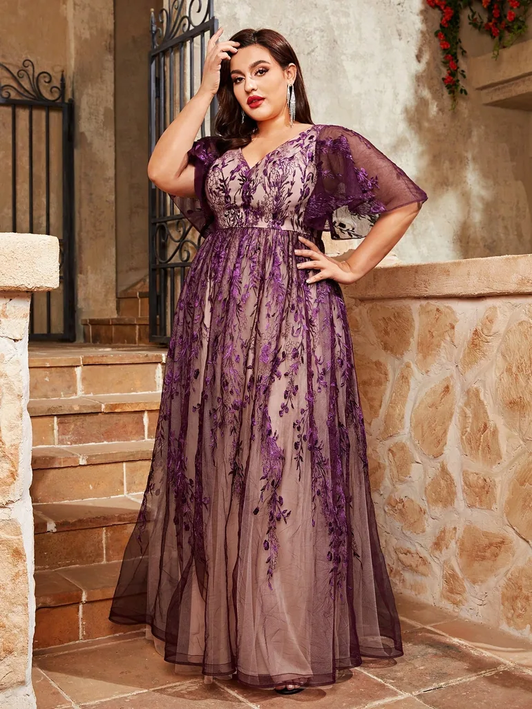 Leely Plus Women's Elegant V Neck Flounce Sleeve Lace A-Line Dress Leely  Purple : Dresses : VogaCloset Libya