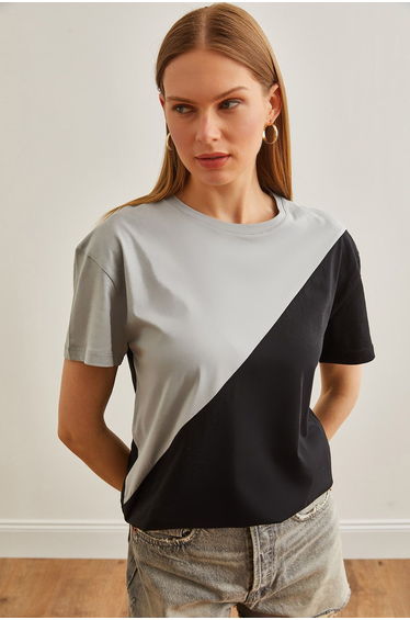 Women's Smoked Black Asymmetric Blocked T-Shirt TSH-19000350
