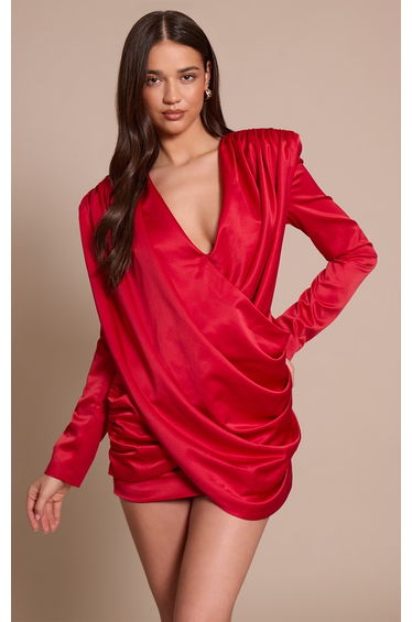 Red Satin Cowl Neck Mini Dress