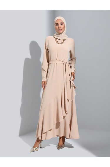 Beige Modest Maxi Dress with Ruffled Edge